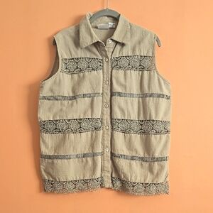 Vintage Kaktus Beige Cotton Sleeveless Button-Up Top with Crochet Lace – L